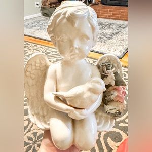 Large Angel with Sparrow and Faux Flowers